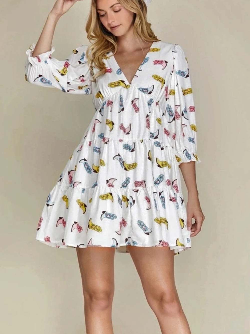 She+Sky Cowboy Boots Western Women's White Multi-Color Tiered Mini Dress Small S
